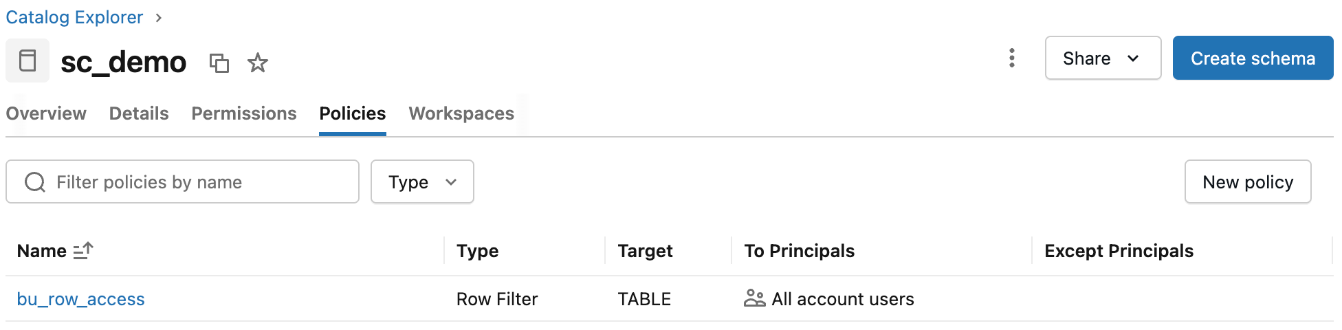 Screenshot: policy bu_row_access nel tab Policies del catalog sc_demo