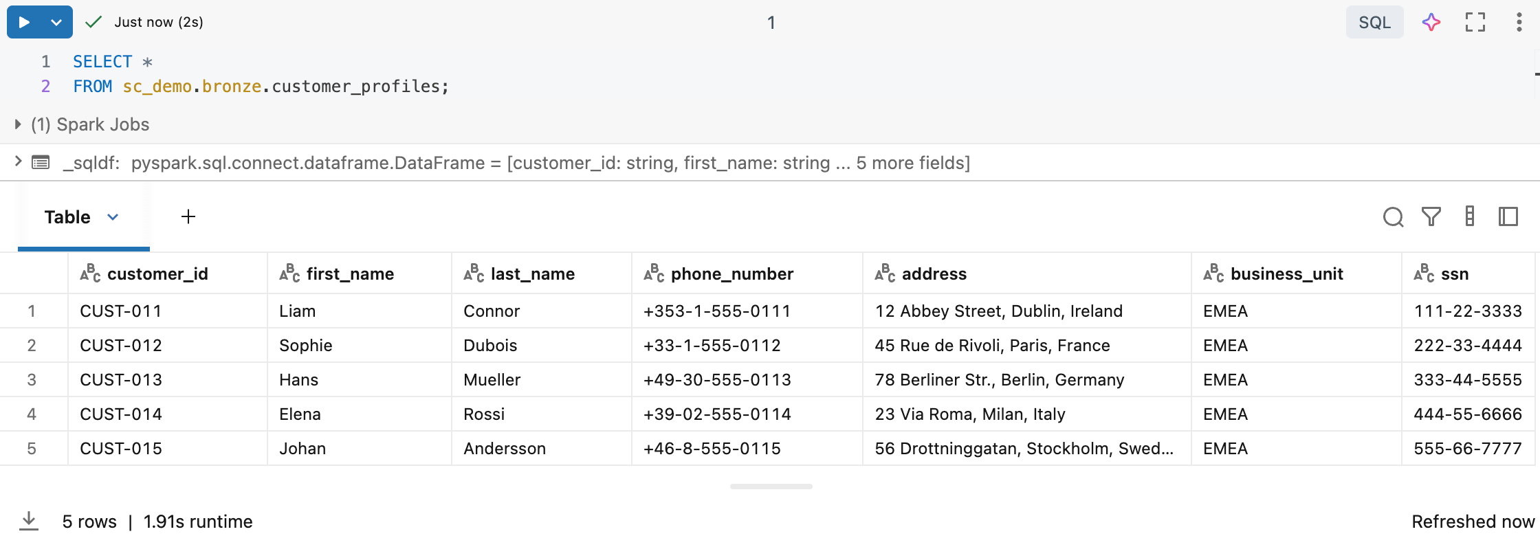 Screenshot: risultato SELECT per bu_americas — 5 righe AMERICAS, APAC e EMEA assenti