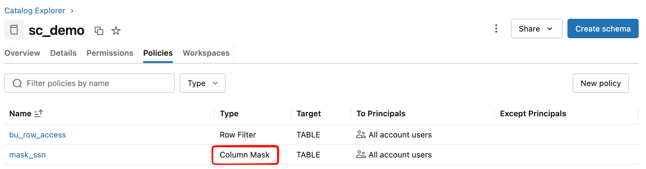 Screenshot: Policy mask_ssn